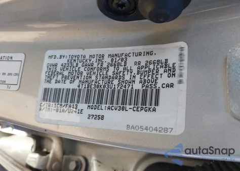 2003 Toyota Camry Xle from USA, damaged, VIN 4T1BE30K03U172471